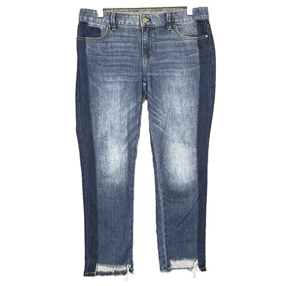 WHBM Jeans Womens 6 Straight Blue 2-Tone Multi Wash‎ Hi Low Raw Hem Cotton Blend - Picture 1 of 15